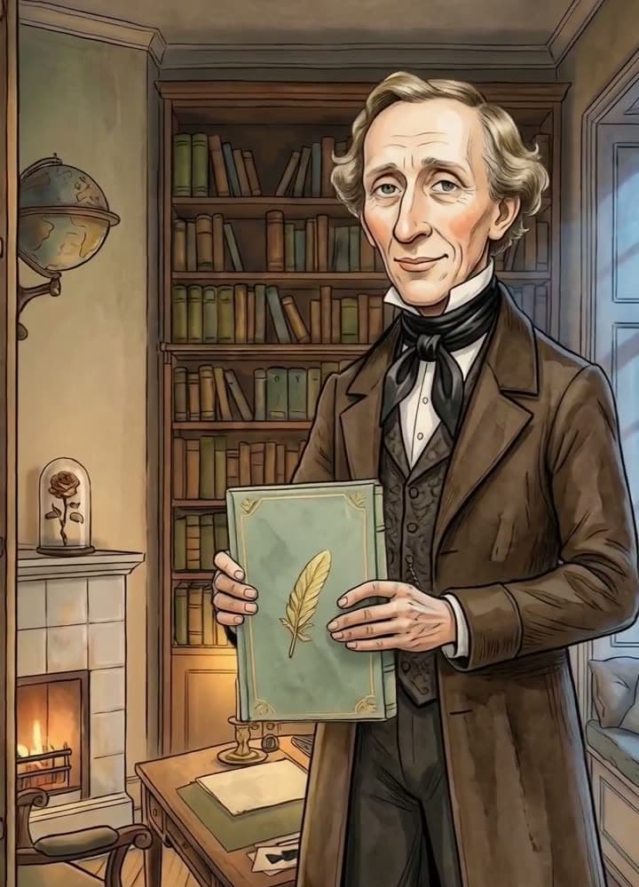 An illustrated Hans Christian Andersen in his study, holding a green storybook