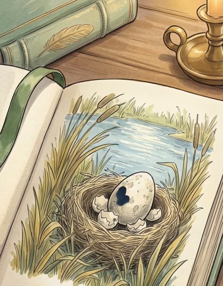 Andersen's book open at a picture of the nest by the pond