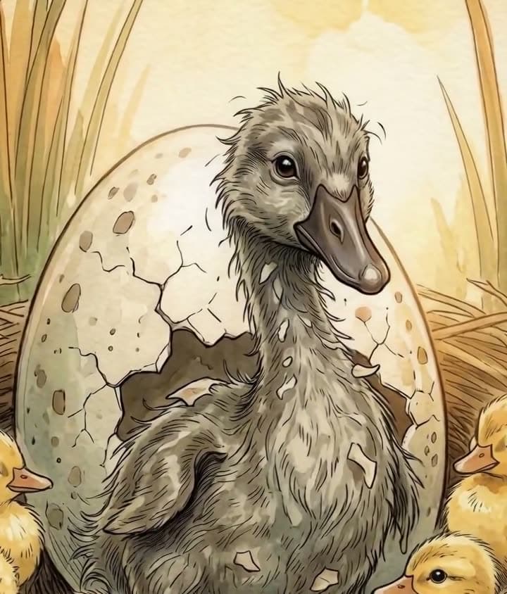 A grey ugly duckling breaking out of a big egg among yellow ducklings