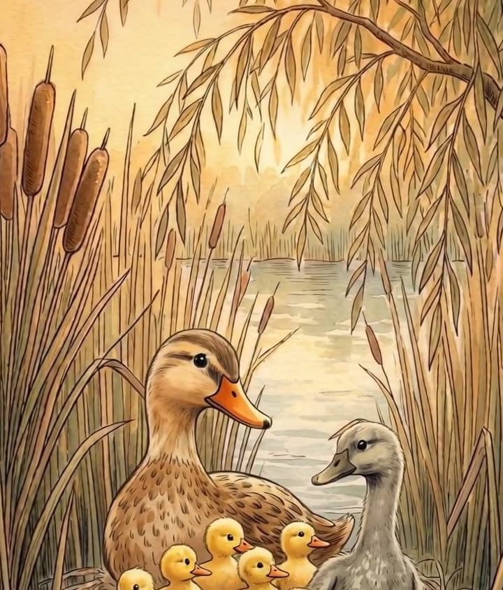 The mother duck with her ducklings and the grey duckling
